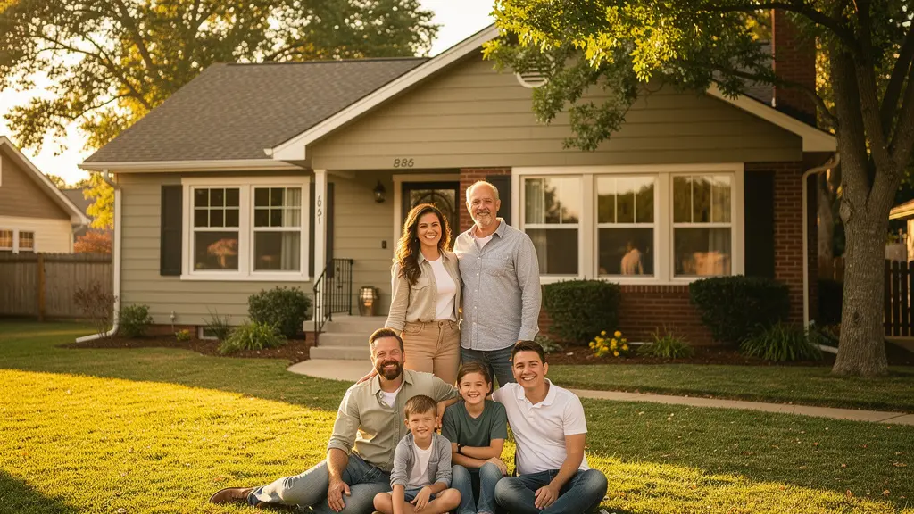 Famille heureuse devant leur maison de location, symbolisant la stabilité locative