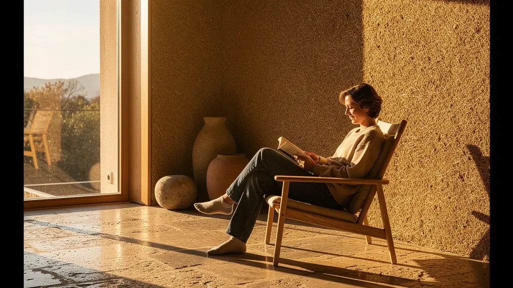 Intérieur lumineux d'une maison passive avec rayons de soleil traversant de grandes baies vitrées