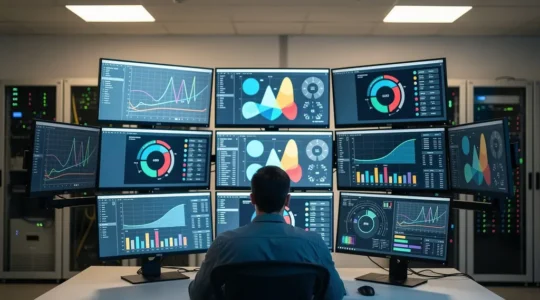 Centre de contrôle GTB avec technicien analysant les données de performance des systèmes CVC