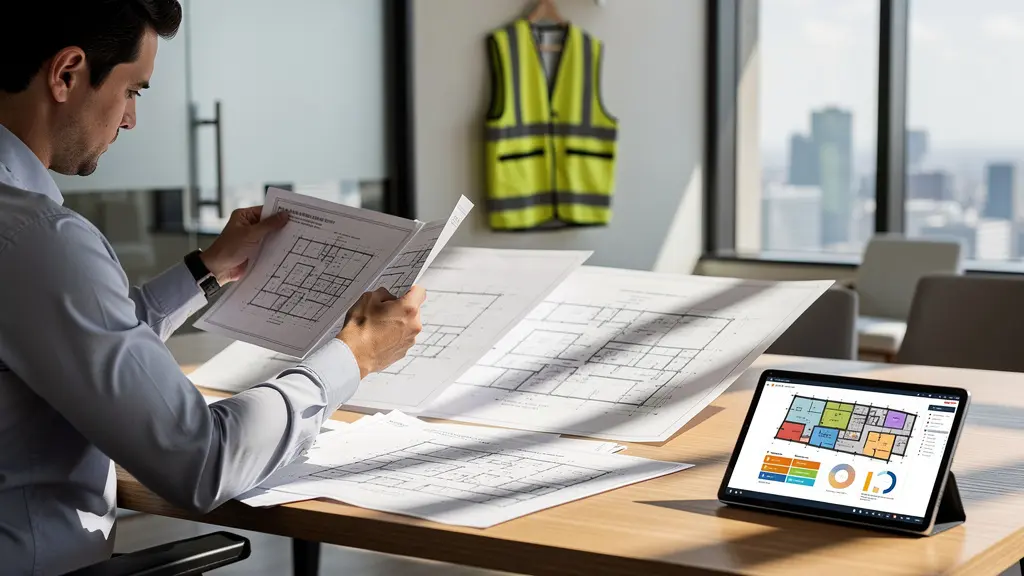 Gestionnaire de locaux analysant des documents de conformité dans un bureau moderne