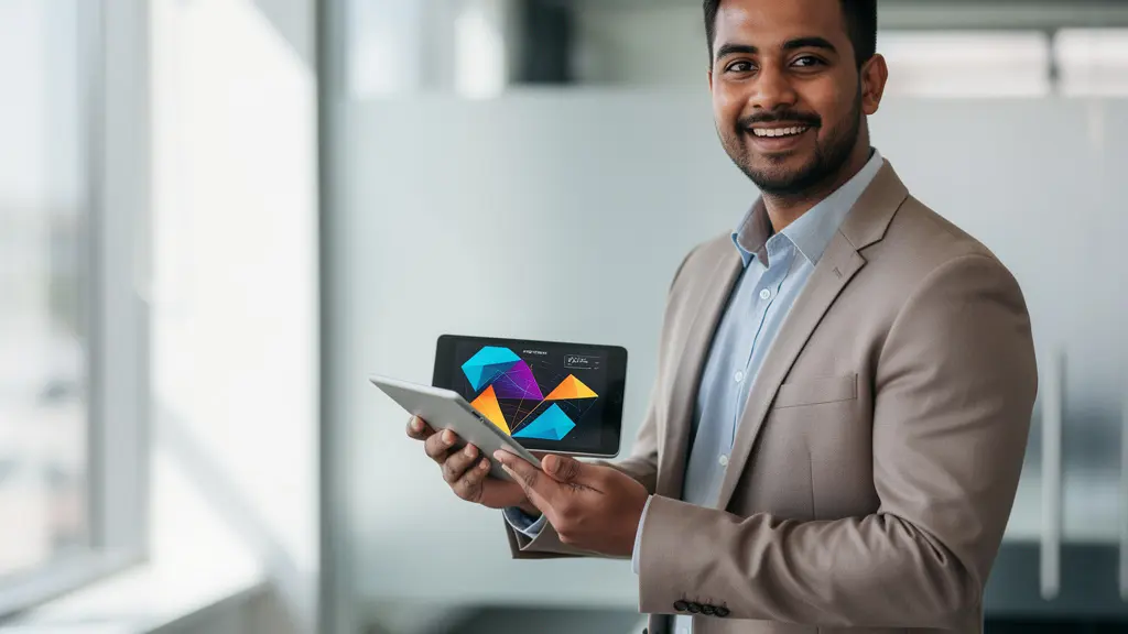 Tableau de bord GTB moderne sur tablette tenue par un gestionnaire devant un petit immeuble de bureaux