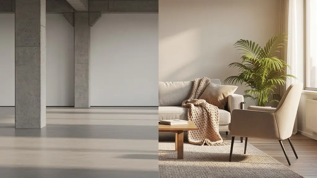 Espace de bureau transformé virtuellement en appartement moderne avec mobilier contemporain et lumière naturelle