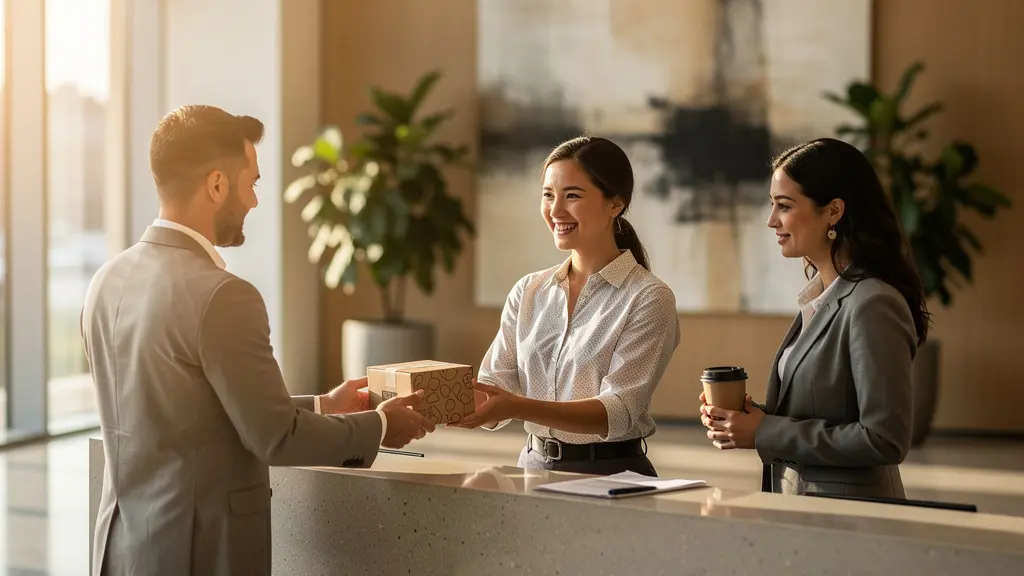 Hall d'immeuble moderne avec espace conciergerie et employés en interaction