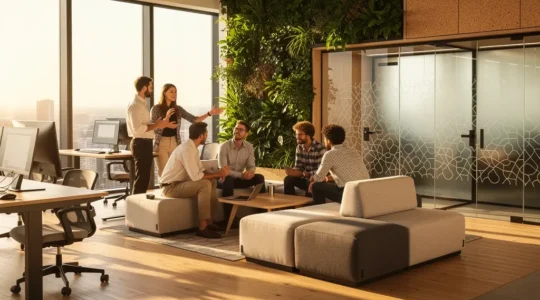 Espace de travail moderne et lumineux avec jeunes professionnels collaborant dans un environnement biophilique