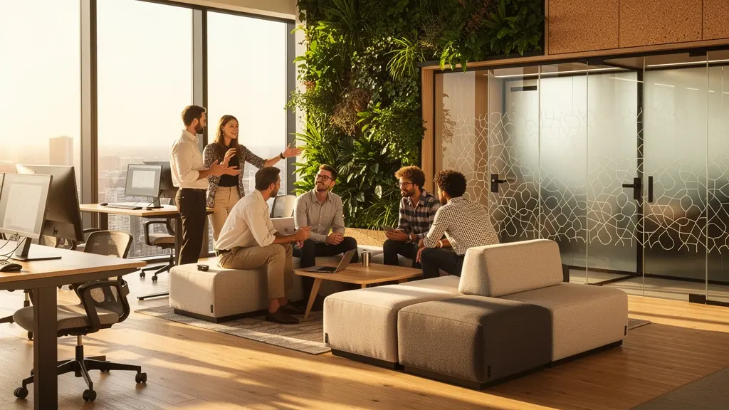 Espace de travail moderne et lumineux avec jeunes professionnels collaborant dans un environnement biophilique