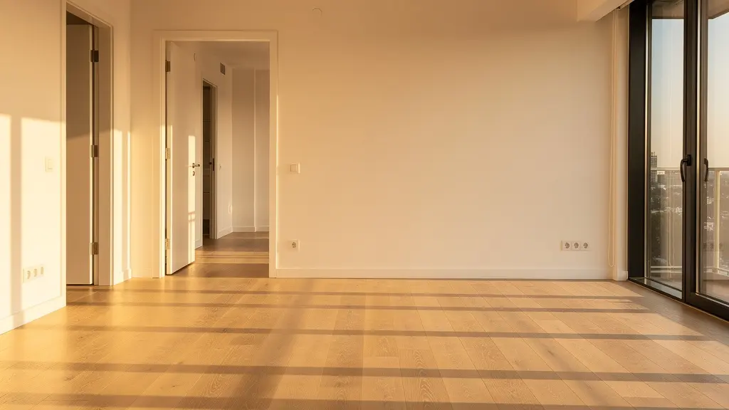 Vue grand angle d'un salon vide avec lumière naturelle traversant les fenêtres