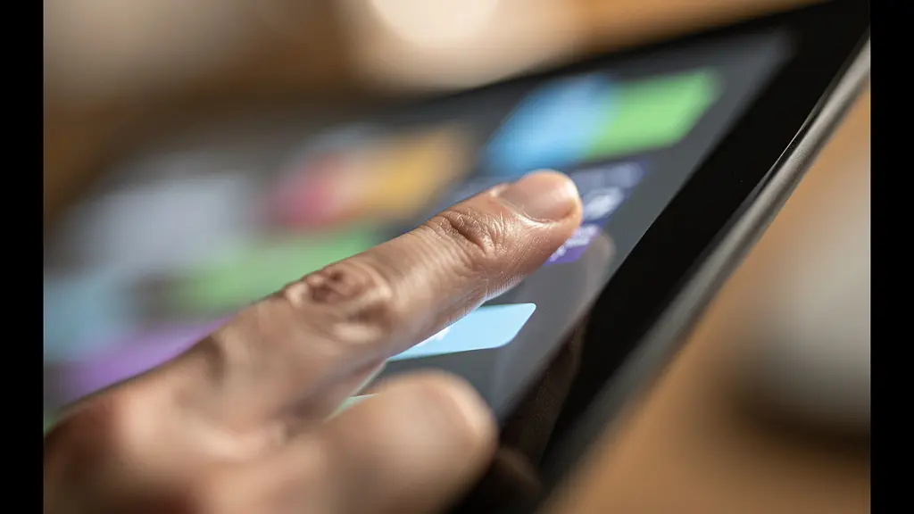 Vue macro d'une main utilisant une interface de réservation sur tablette tactile