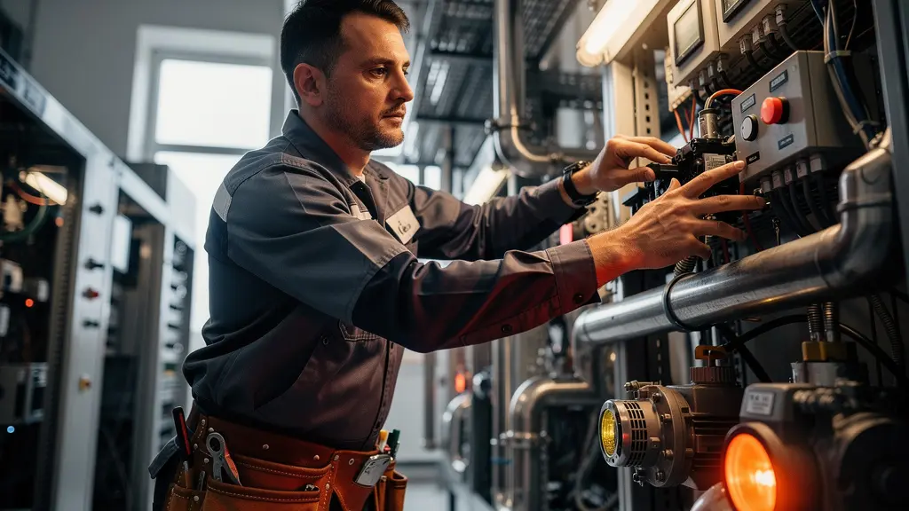 Technicien de maintenance intervenant en urgence dans un local technique avec équipements critiques
