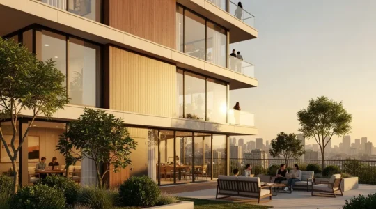 Vue d'une résidence de coliving moderne avec espaces partagés et architecture contemporaine pour illustrer l'investissement immobilier innovant