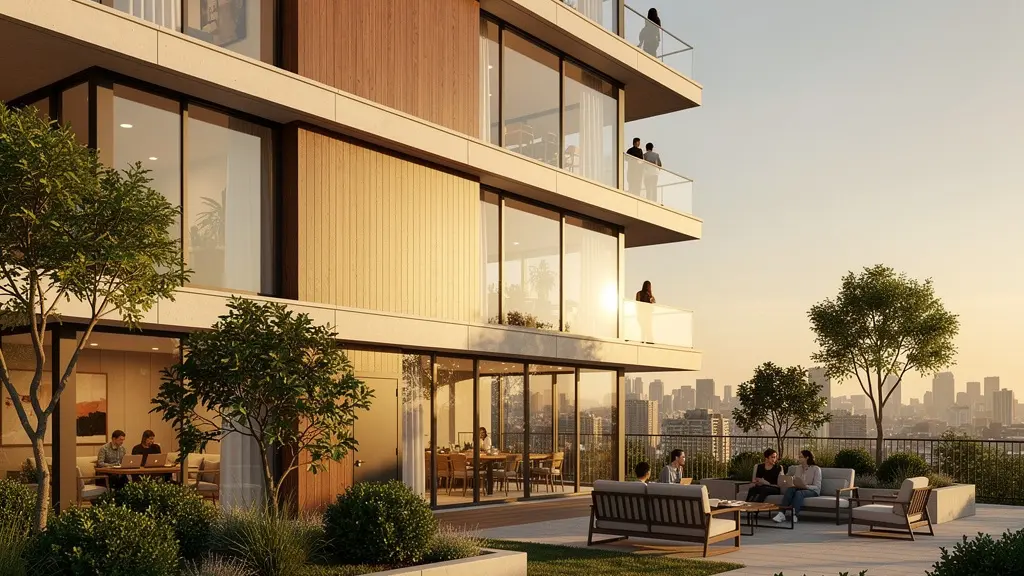 Vue d'une résidence de coliving moderne avec espaces partagés et architecture contemporaine pour illustrer l'investissement immobilier innovant