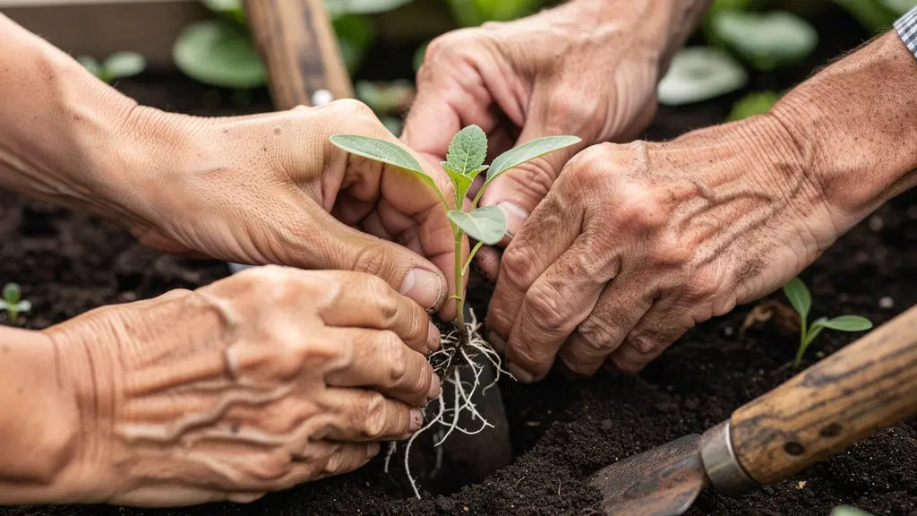 Jardin potager communautaire en cœur d'îlot avec habitants de différents âges jardinent ensemble