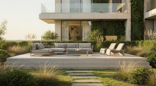 Vue panoramique d'une résidence moderne avec jardin privatif paysagé et terrasse aménagée mettant en valeur les espaces extérieurs valorisants