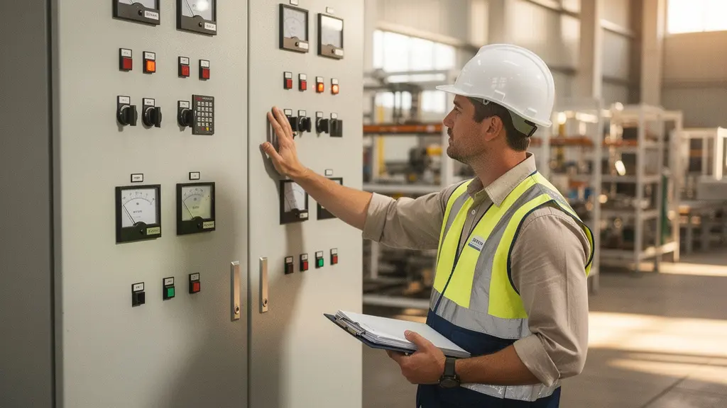 Ingénieur analysant un tableau électrique industriel dans un entrepôt moderne avec machines et équipements