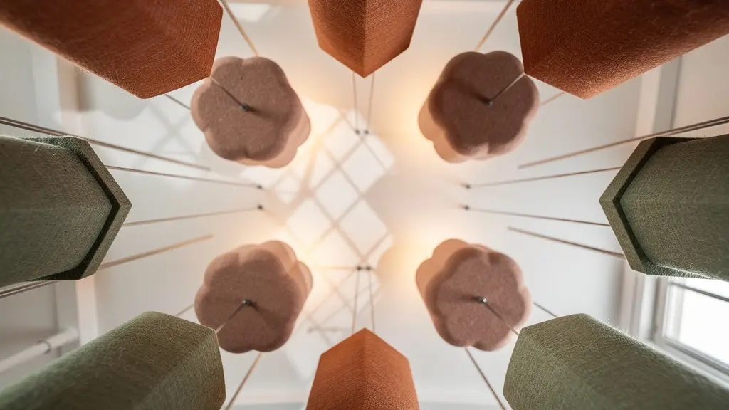 Suspensions acoustiques en feutre coloré au-dessus d'espaces de travail lumineux