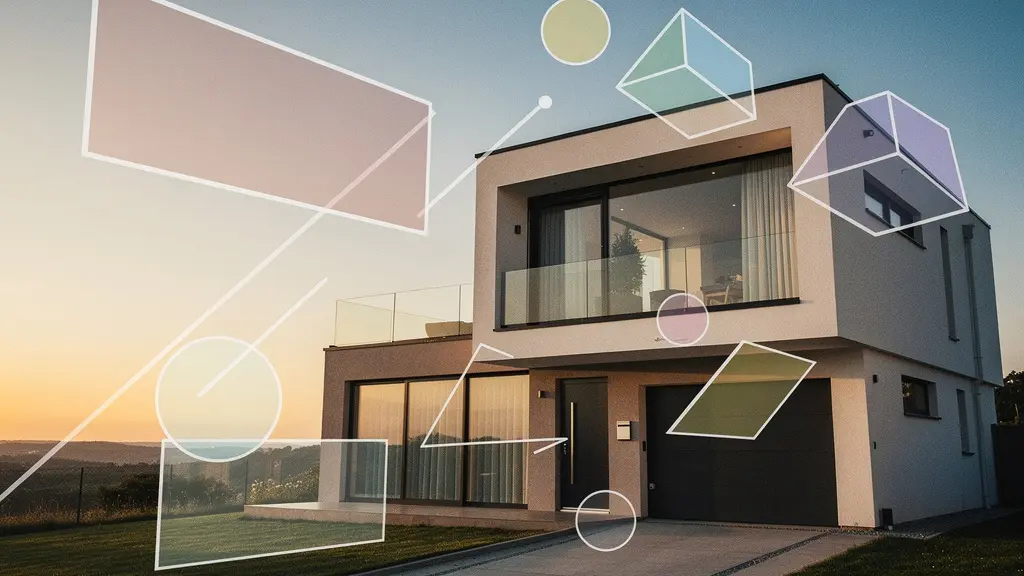 Maison contemporaine vue sous différents angles avec éléments graphiques abstraits suggérant des variations de prix, créant une métaphore visuelle de l'évaluation immobilière complexe