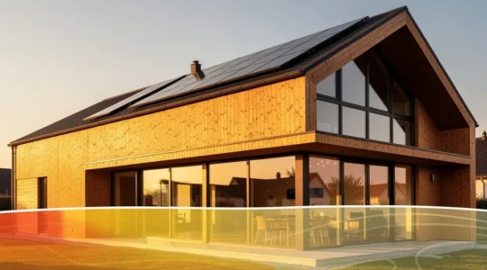 Maison passive moderne avec larges baies vitrées côté sud, bardage bois naturel et panneaux solaires intégrés en toiture