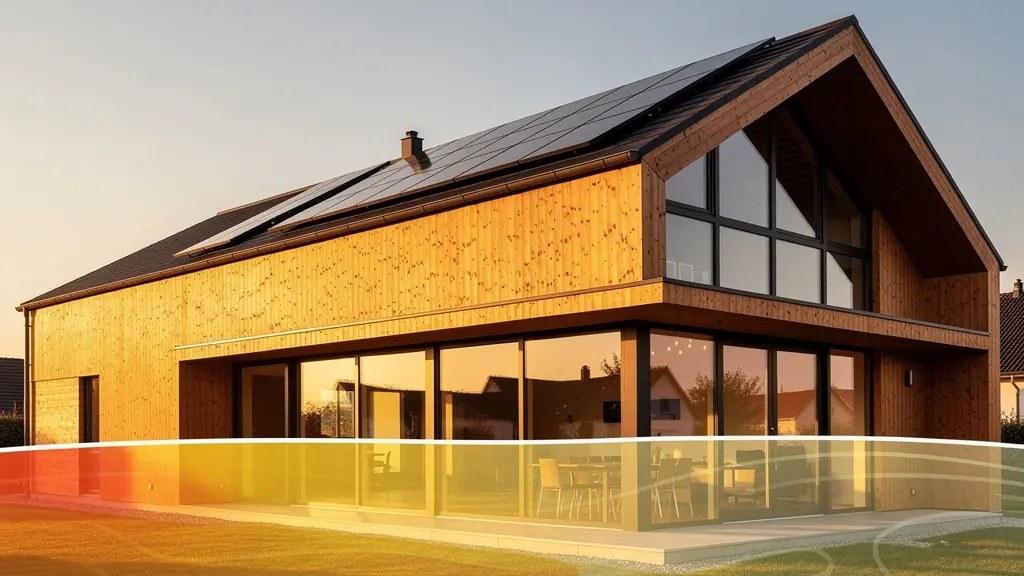 Maison passive moderne avec larges baies vitrées côté sud, bardage bois naturel et panneaux solaires intégrés en toiture