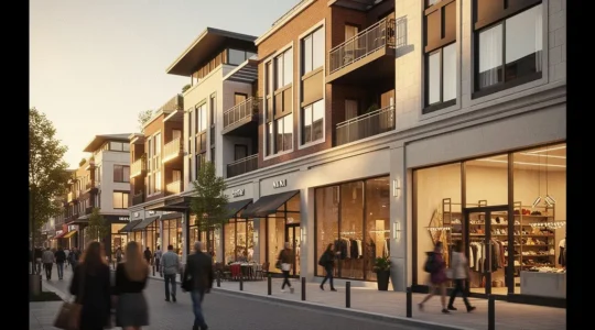 Vue en perspective d'un quartier commercial animé avec des boutiques en rez-de-chaussée et des immeubles résidentiels au-dessus, illustrant l'investissement en murs commerciaux