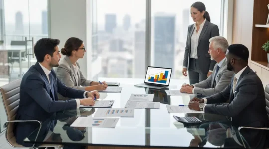 Équipe de professionnels analysant des documents de contrats de services dans un bureau moderne avec calculatrice et graphiques financiers