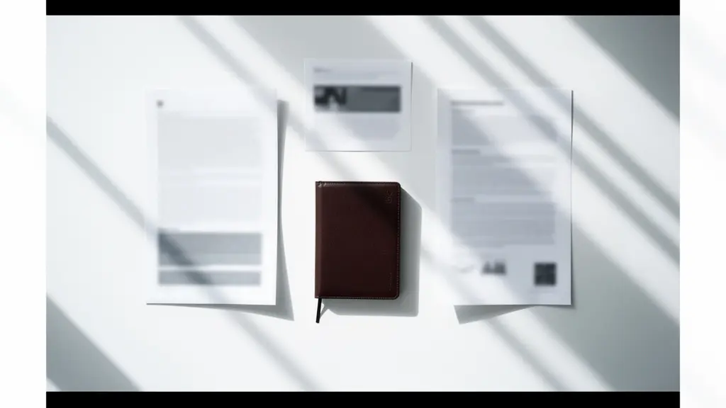 Vue minimaliste d'un bureau avec documents de négociation et espace de réflexion