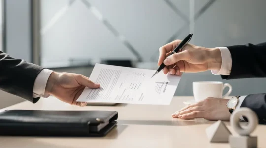 Un acheteur confiant présentant une offre d'achat sur une table moderne avec documents immobiliers et calculatrice