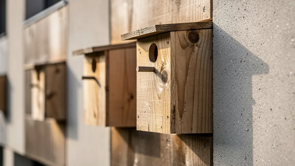 Nichoirs à oiseaux et gîtes à chauves-souris intégrés harmonieusement sur la façade d'un immeuble moderne