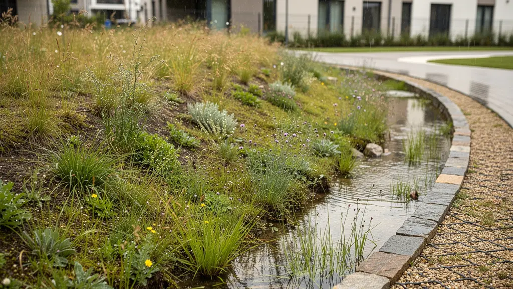 Noue végétalisée intégrée dans un aménagement urbain moderne avec gestion des eaux pluviales