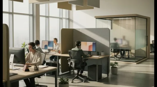 Bureau open space moderne avec panneaux acoustiques suspendus, cloisons en feutre et zones de travail bien délimitées