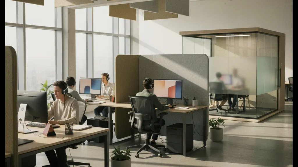 Bureau open space moderne avec panneaux acoustiques suspendus, cloisons en feutre et zones de travail bien délimitées