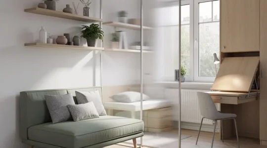 Intérieur lumineux d'un T2 optimisé avec cloison verrière et mobilier multifonctionnel