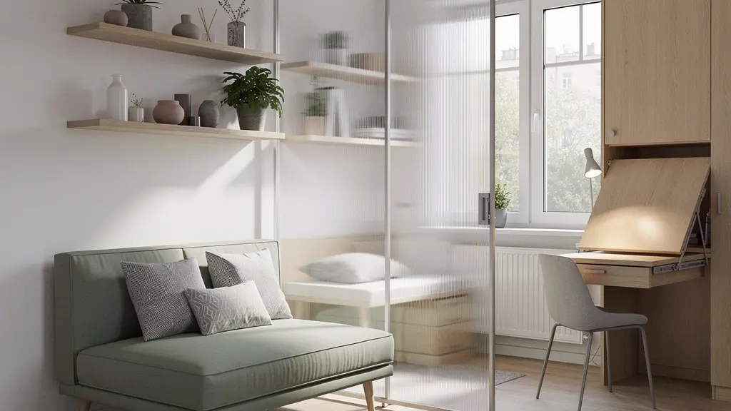 Intérieur lumineux d'un T2 optimisé avec cloison verrière et mobilier multifonctionnel