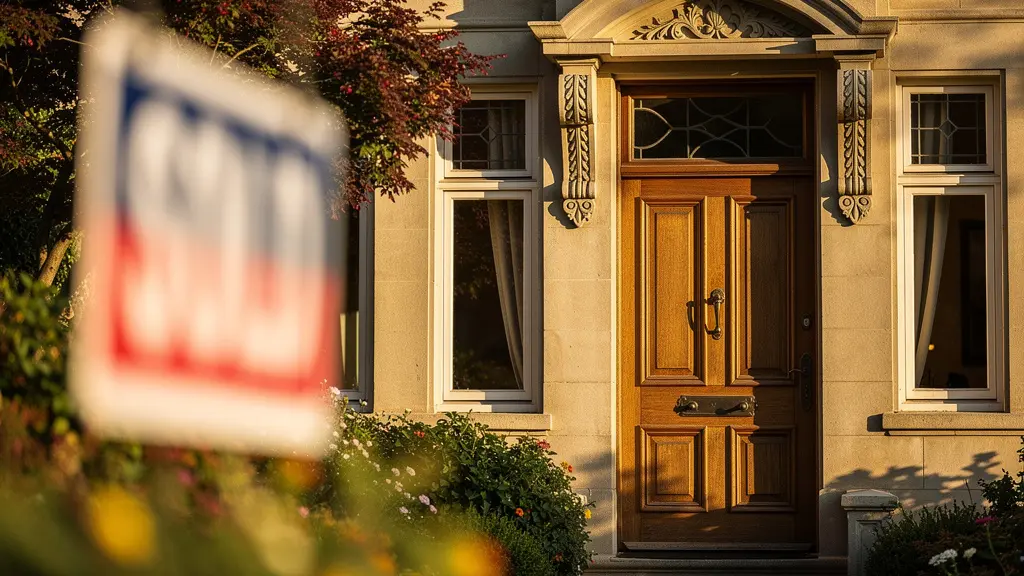 Façade d'une maison de caractère avec panneau vendu flou en premier plan
