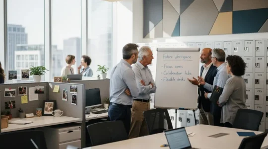 Espace de travail moderne montrant la transition entre bureaux traditionnels et espaces flexibles avec des collaborateurs en discussion