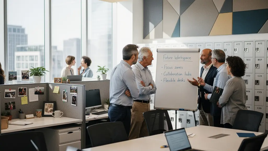 Espace de travail moderne montrant la transition entre bureaux traditionnels et espaces flexibles avec des collaborateurs en discussion