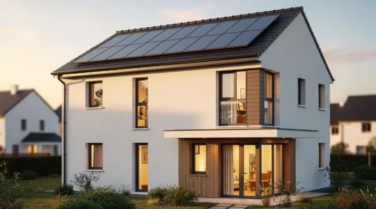 Maison avec diagnostic énergétique DPE et symboles de rénovation thermique