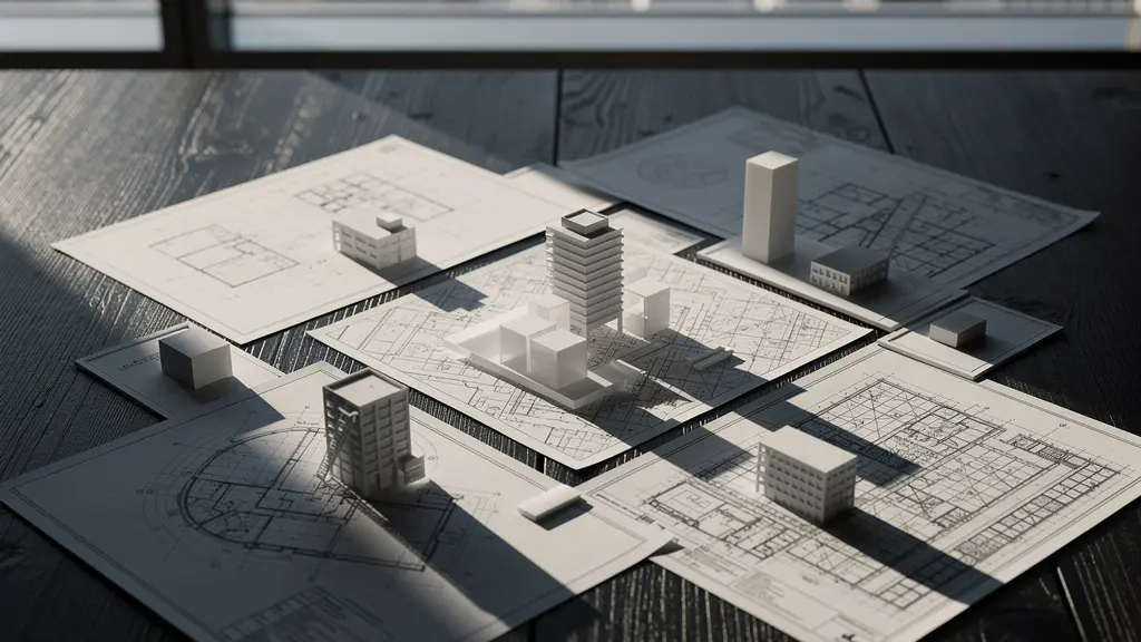 Documents d'urbanisme et plans architecturaux étalés sur une table de travail avec des maquettes d'immeubles