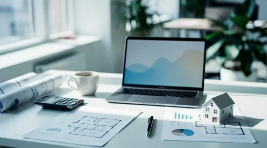 Bureau moderne avec documents financiers, calculatrice et graphiques de trésorerie pour plan de financement immobilier