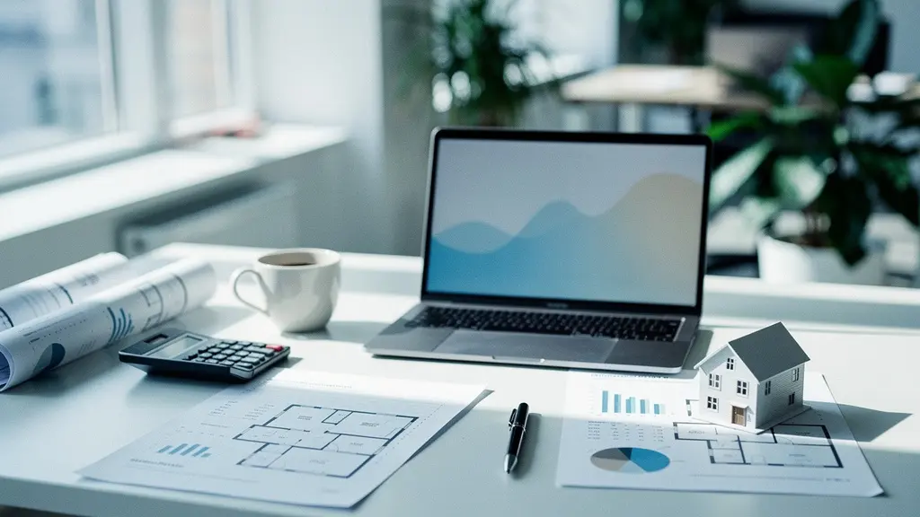 Bureau moderne avec documents financiers, calculatrice et graphiques de trésorerie pour plan de financement immobilier