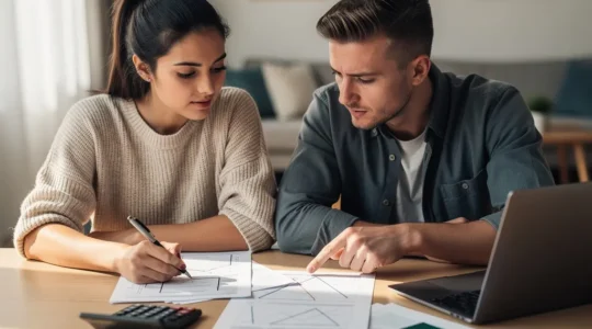 Couple de primo-accédants analysant des documents immobiliers avec réflexion et concentration dans un appartement lumineux