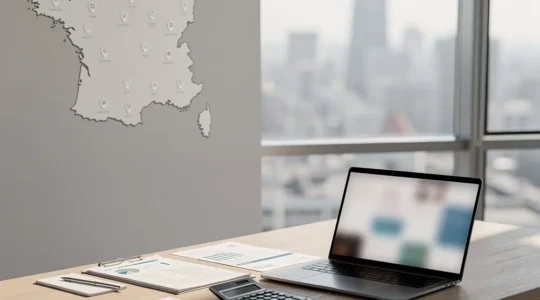 Propriétaire analysant des documents de gestion locative depuis son bureau avec vue sur une ville lointaine