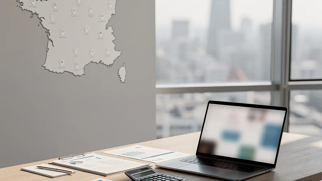 Propriétaire analysant des documents de gestion locative depuis son bureau avec vue sur une ville lointaine