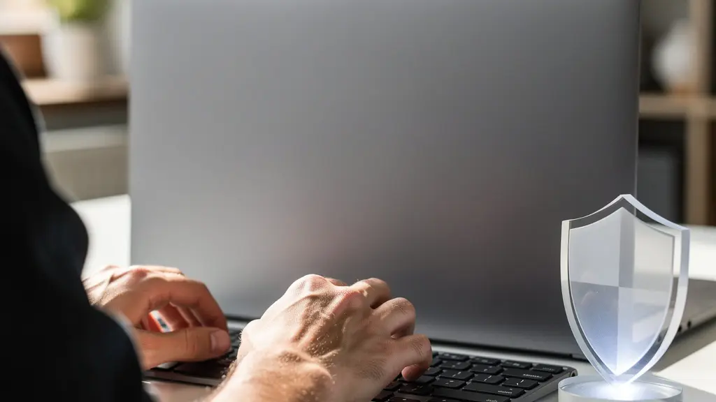 Écran d'ordinateur vu de dos avec bouclier de protection symbolique