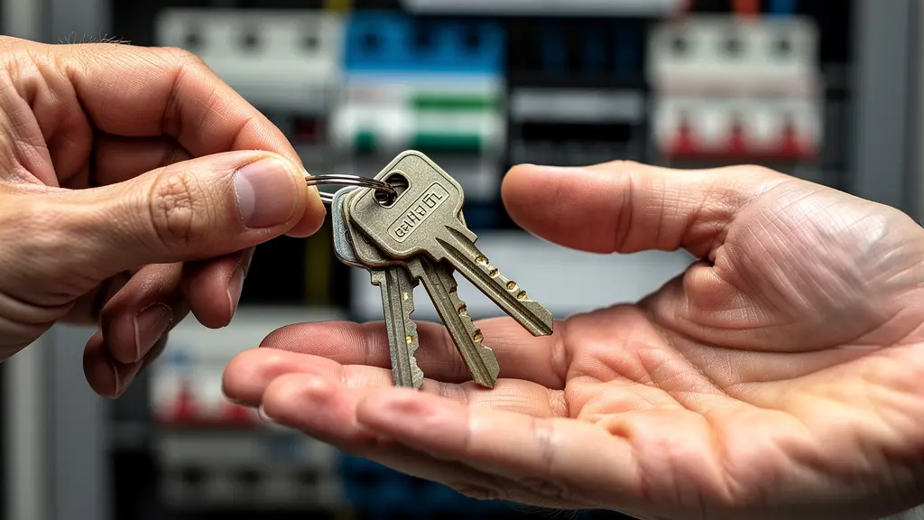 Mains échangeant des clés avec compteurs électriques flous en arrière-plan