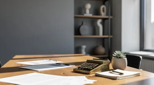 Vue élégante d'une table de négociation immobilière avec documents et calculatrice, symbolisant les stratégies d'économie sur les frais de notaire