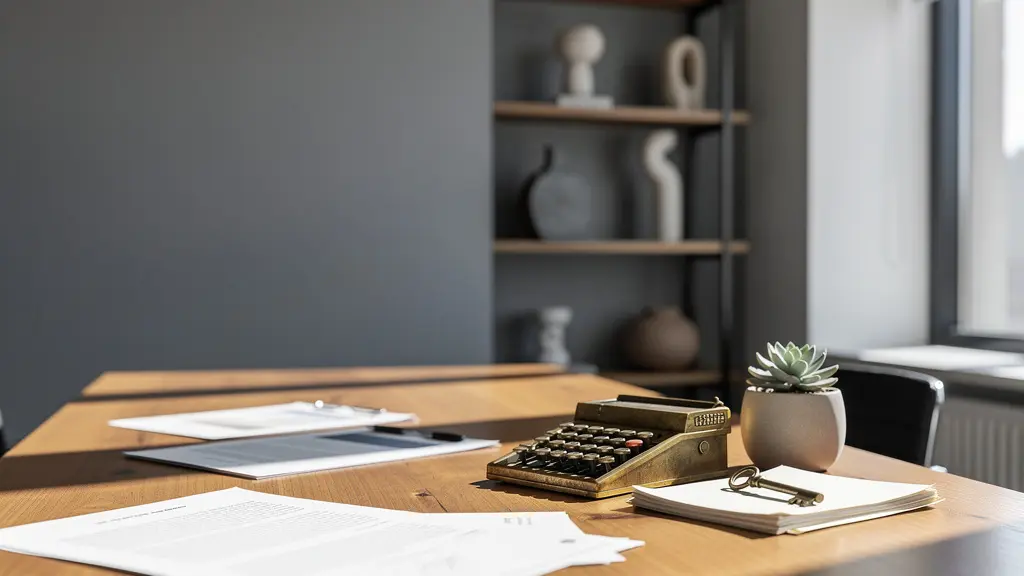 Vue élégante d'une table de négociation immobilière avec documents et calculatrice, symbolisant les stratégies d'économie sur les frais de notaire