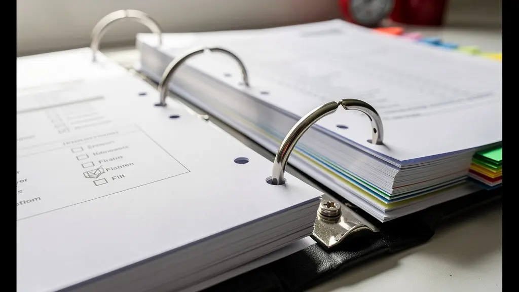 Registre de sécurité ouvert avec documents de contrôle et extincteur en arrière-plan, symbolisant la rigueur administrative.