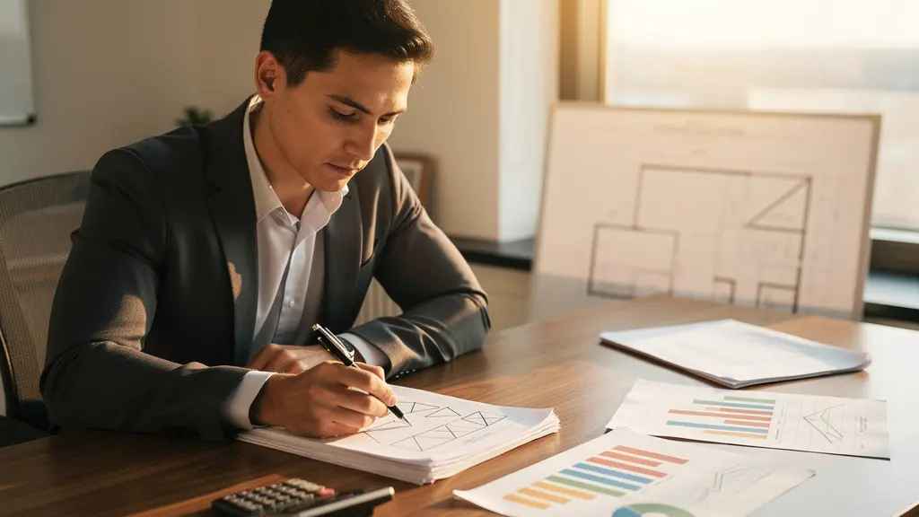 Investisseur analysant des documents immobiliers avec une calculatrice et des graphiques de rendement