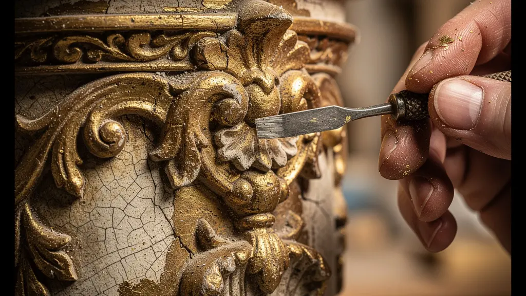 Vue macro de détails architecturaux anciens en cours de restauration