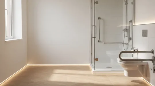 Salle de bain moderne adaptée PMR avec douche italienne accessible, barres d'appui élégantes et espace de circulation optimisé pour fauteuil roulant
