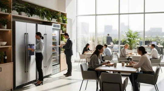 Espace de restauration d'entreprise moderne et convivial avec frigo connecté et zone de détente